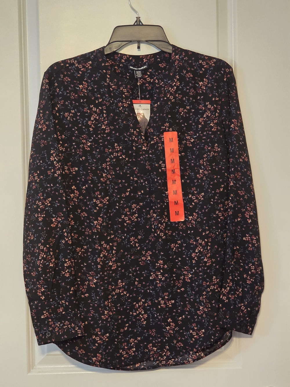 NEW Hilary Radley Women's Sz M Long Sleeve Blouse, Black/Pink Floral Print